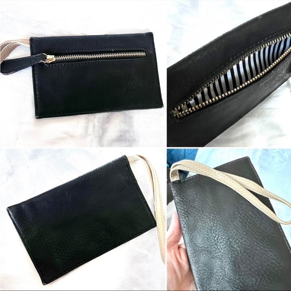 Unbranded Handbags - WRISTLET in Black with Tan Strap and Striped Fabric Interior NWOT